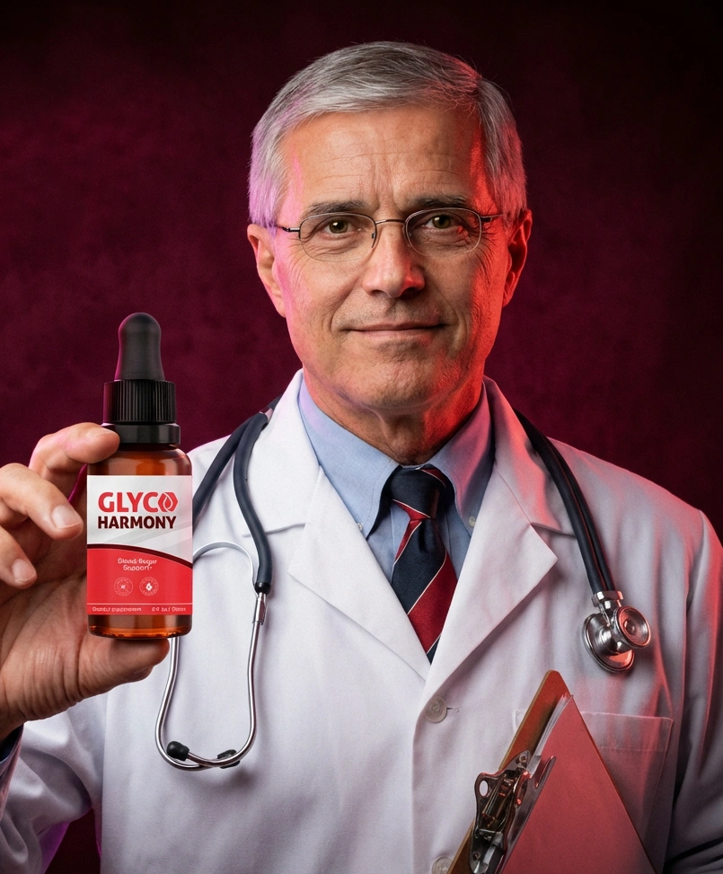 Glyco Harmony liquid drops bottle with glucose meter showing healthy reading
